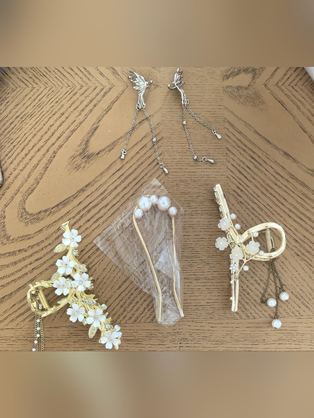 metal golden finish floral hair clips, pin and ear cuff, $15 for all
